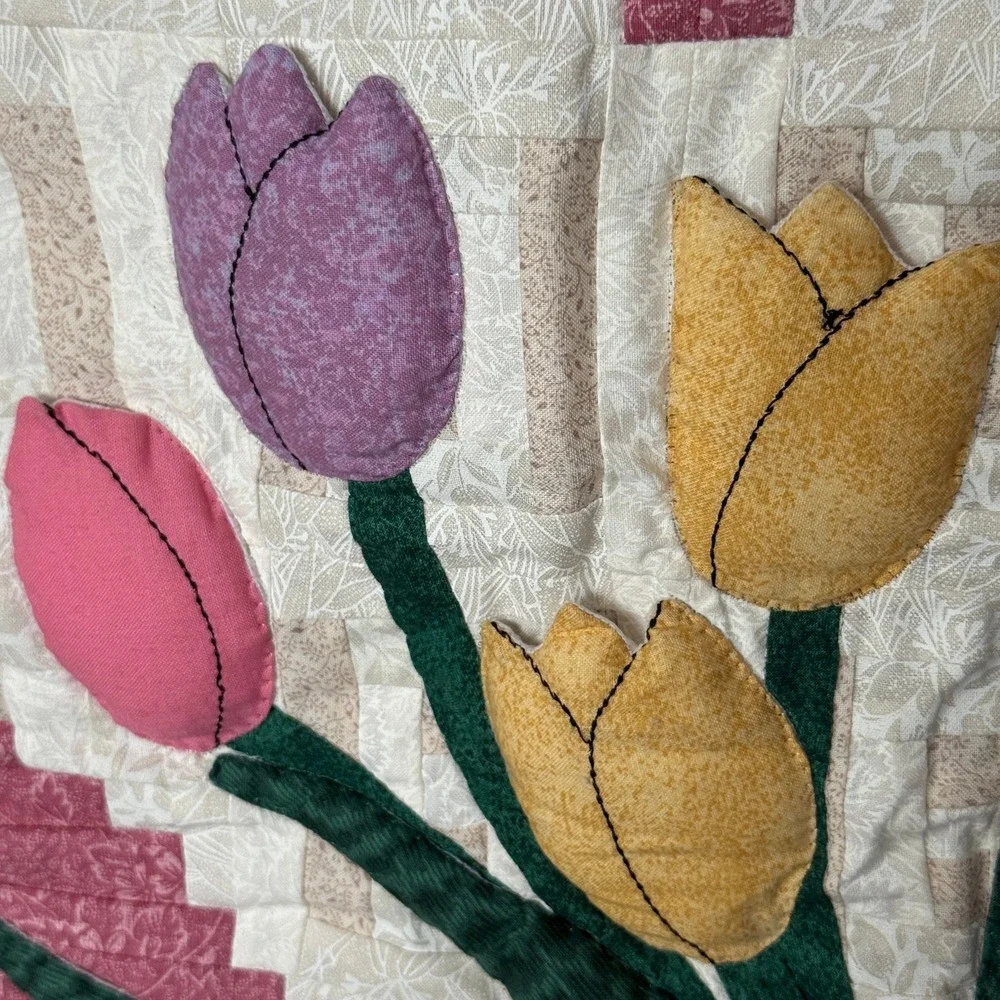 Handmade Quilted Wall Hanging Log Cabin Heart 3D Floral Applique Cottagecore Art